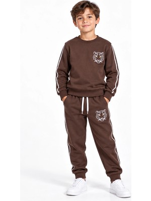 Rony Pony Kids Kahverengi 3 Iplik Erkek Çocuk Eşofman Takımı Kaplan Nakışlı Biyeli Sweatshirt ve Jogger Alt