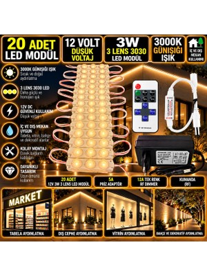 Powerr Led Aydınlatma 20 Adet 12V 3W 3 Lens 3030 3000K Günışığı LED Modül 5A Priz Adaptör 12A Tek Renk Rf Dimmer Set