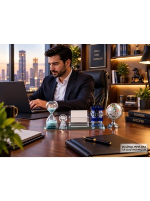 Home Dekor Hediye Kristal Ofis Masaüstü Kartvizitlik Organizer Set Mavi Kum Saati ve Renkli Dünya Küre Dekoratif Biblo