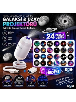 Mighty 24 Farklı Desenli USB LED Projektör Gece Lambası 360 Derece Ayarlanabilir Yıldız Galaksi