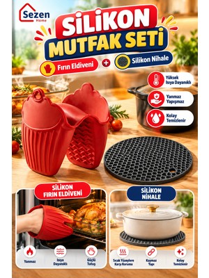 Sezen Home Silikon Mutfak Seti – 2'li Isıya Dayanıklı Fırın Eldiveni ve 1 Adet Yanmaz Yapışmaz Silikon Nihale