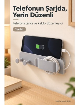 Evgereçlerim Kablo Düzenleyici ve Telefon Şarj Standı Delmeden Yapışkanlı Askılı Duvar Tipi