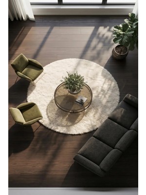Halı360 Püra Yuvarlak Krem Peluş Halı Kaydırmaz Taban,yıkanabilir Antre, Salon, Çocuk Odası,mutfak