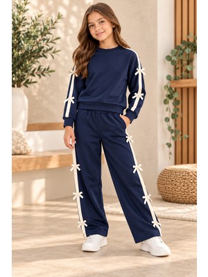 KR Kids Kız Çocuk Lacivert Ekru Şeritli Fiyonk Detaylı Sweatshirt ve Bol Paça Pantolon 2'li Takım