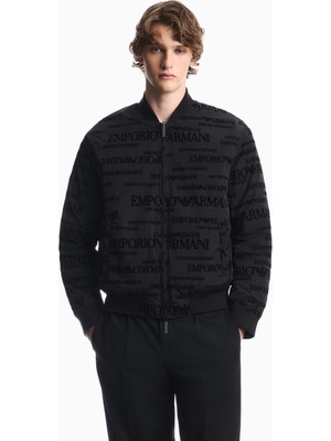 Emporio Armani Erkek Regular Fit Monogram Desenli Fermuarlı Cepli Kaz Tüyü Dolgulu Bomber Siyah Ceket EM006731 AF19870-FC056