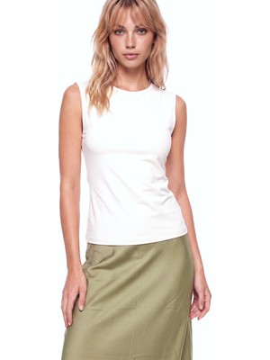 Armani Exchange Kadın Normal Kalıp Kolsuz Dokuma Kumaş Ekru T-Shirt XW002361 AF14668-U1003