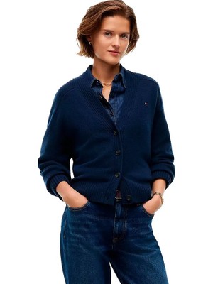 Tommy Hilfiger Kadın Regular Fit Geri Dönüştürülmüş Yün V Yaka Düğmeli Uzun Kollu Lacivert Kazak WW0WW52367-C1G