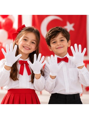 Sibel Günay Butik Gösteri ve Tören Eldiveni Beyaz Kız Erkek Çocuk 5-12 Yaş Likralı | 16 Cm| 29 Ekim 23 Nisan