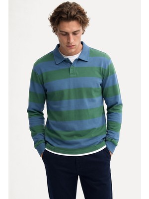 Mudo Erkek Mavi Çizgili Comfort Fit Polo Yaka Sweatshirt
