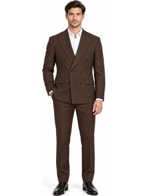 Metinali Erkek Koyu Kahverengi %100 Yün Slim Fit Kruvaze 3 Parça Takım Elbise