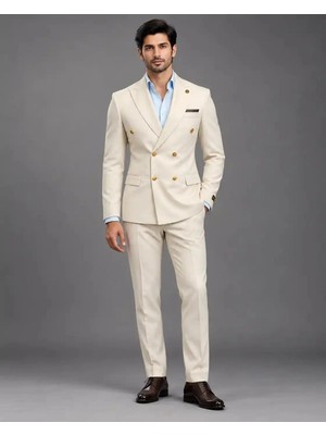 Metinali Erkek Beyaz %100 Yün Slim Fit Kruvaze 3 Parça Takım Elbise