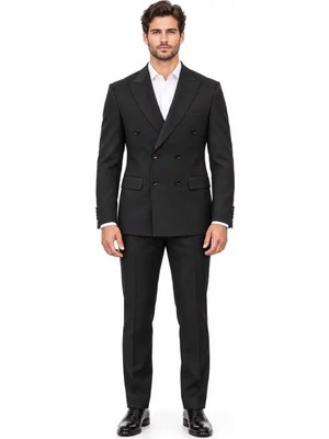 Metinali Erkek Siyah %100 Yün Slim Fit Kruvaze 3 Parça Takım Elbise