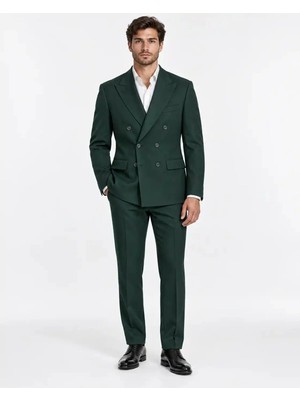 Bülent Danış Erkek Koyu Yeşil %100 Yün Slim Fit Kruvaze 3 Parça Takım Elbise