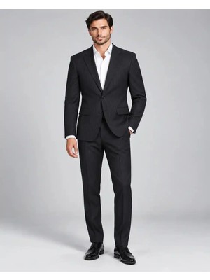 Bülent Danış Erkek Siyah Çizgili %100 Yün Slim Fit 3 Parça Yelekli Takım Elbise