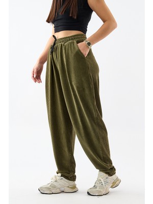 Cocopelli Kadife Pileli Haki Jogger Kadın Pantolon COC3627