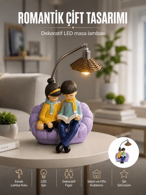 Str Store Romantik Çift Figürlü Okuyan Çift Masa Lambası Dekoratif LED Aydınlatma