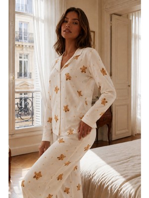 Marchè Bien Kadın Gömlek Yakalı Rahat Ev Giyimi Kırmızı Pijama Takımı
