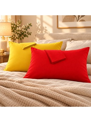 Rozet Tekstil Sarı Kırmızı Yastık Kılıfı Pamuk Kumaş Kapaklı (2 Adet) 50  x  70  cm