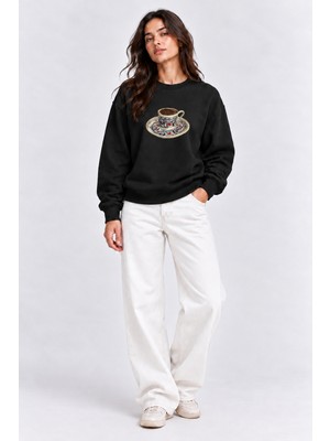 Maison De Mode Türk Kahvesi Baskılı Siyah Oversize Sweatshirt