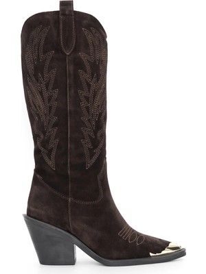 Tuna Hakiki Süet Deri 8 cm Topuklu Kahverengi Cowboy/western Çizme - ZB343