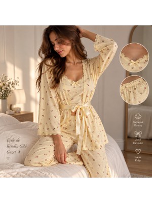 Lovenel Kiraz Desenli 3'lü Croplu Pijama Takımı