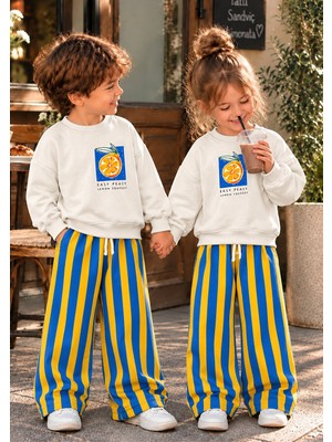 Cg Kids Limon Baskılı Sweatshirt Mavi Sarı Çizgili Eşofman Kız & Erkek Çocuk 3ip Alt Üst Takım
