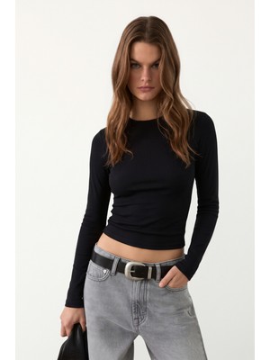 Ethiquet Sleras Kadın Esnek Kumaşlı Vücuda Oturan Slim Fit Uzun Kollu Siyah T-Shirt