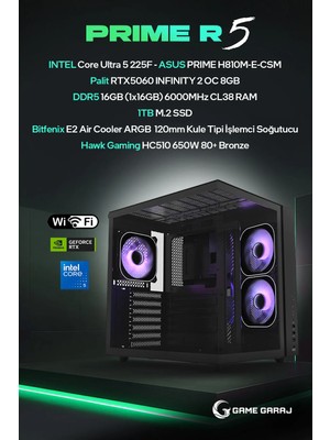 Game Garaj Prime R5 Intel U5 225F RTX5060 16GB Ram 1tb SSD Freedos Oyuncu Oem Paket
