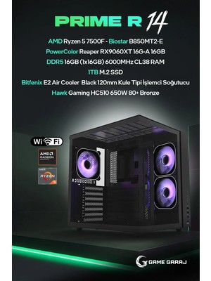Game Garaj Prime R14 Amd R5 7500F 16GB RX9060XT 16GB Ram 1tb SSD Freedos Oyuncu Oem Paket