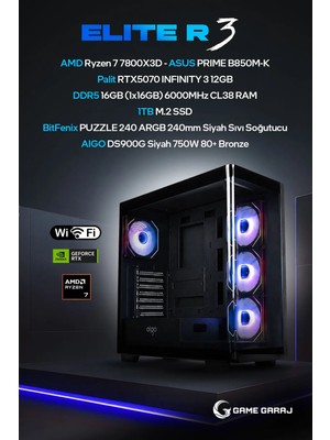 Game Garaj Elite R3 Amd R7 7800X3D RTX5070 16GB Ram 1tb SSD 240MM Sıvı Soğt Freedos Oyuncu Oem Paket