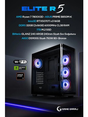 Game Garaj Elite R5 Amd R7 7800X3D RTX5070TI 32GB Ram 1tb SSD 240MM Sıvı Soğt Freedos Oyuncu Oem Paket