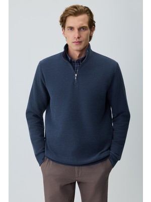 Morven  Erkek Lacivert Fermuarlı Bato Yaka Dynamic Fit Sweatshirt
