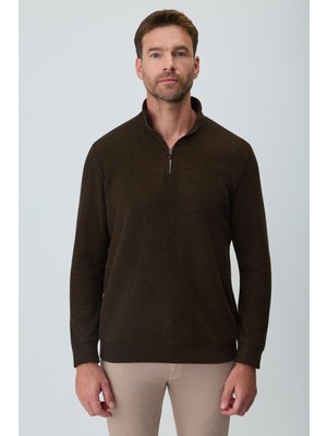 Morven  Erkek Kahve Fermuarlı Bato Yaka Dynamic Fit Sweatshirt