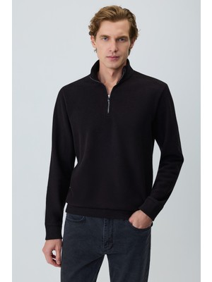 Morven  Erkek Siyah Fermuarlı Bato Yaka Dynamic Fit Sweatshirt