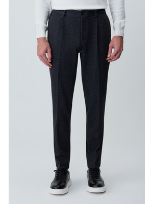Morven  Erkek Siyah Poliviskon Trend Desenli Slim Fit Lastikli Pantolon