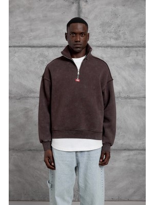 Nomarc Kahverengi Yarım Fermuarlı Şardonlu Sweatshırt