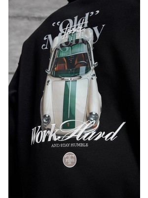 Nomarc Siyah Car Baskı Kapüşonlu Oversıze Sweatshırt