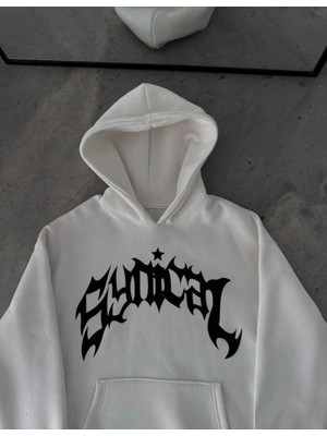 Marchè Bien Erkek Kapüşonlu Kanguru Cepli Sweatshirt 3 Iplik Pamuklu Baskılı Hoodie - Beyaz