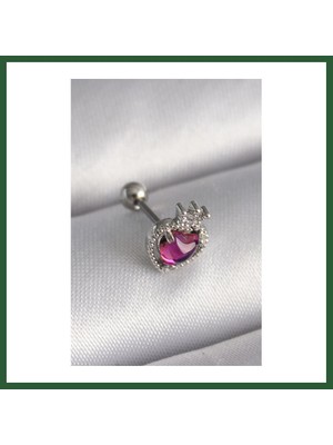 Bezos 316L Çelik Gümüş Renk Pembe Mineli Kalp Zirkon Taş Detaylı Taç Tragus Piercing Bzst