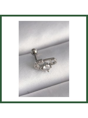 Bezos 316L Çelik Gümüş Renk Zirkon Taşlı Toplu Iğne Tragus Piercing Bzst