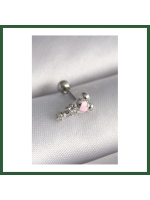 Bezos 316L Çelik Gümüş Renk Zirkon Taş Detay Pembe Kalp Işleme Tragus Piercing Bzst