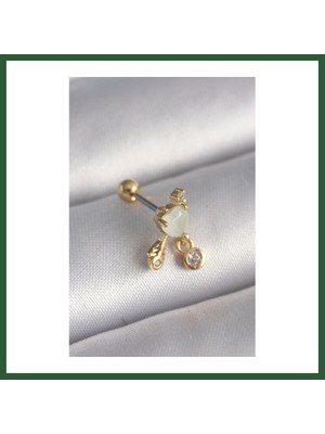 Bezos 316L Çelik Gold Renk Beyaz Mineli Kalp Sallantı Zirkon Taşlı Tragus Piercing Bzst
