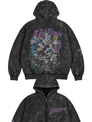 Fuddy Moda Unisex Oversize Jojo's Characters Sırt ve Kol Baskılı Kapüşonlu Fermuarlı Yıkamalı Anime Zip Hoodie