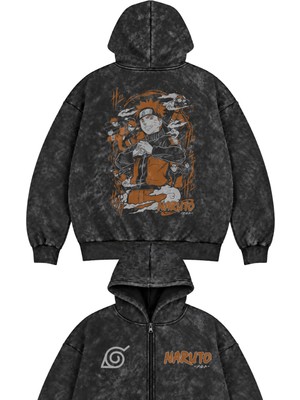 Fuddy Moda Unisex Oversize Naruto Sırt Baskılı Kapüşonlu Fermuarlı Yıkamalı Anime Temalı Zip Hoodie