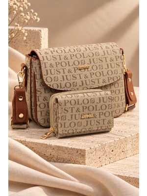 Just Polo Vizon - Taba/vizon Yeni Sezon Kolon Askılı 4 Bölmeli Kadın Omuz Çantası 25X15CM