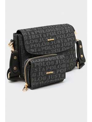 Just Polo Siyah 02 Yeni Sezon Kolon Askılı 4 Bölmeli Kadın Omuz Çantası 25X15CM