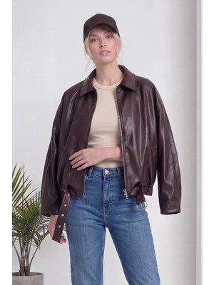 thezkscom Kadın Bomber Oversize Fermuarlı Deri Ceket Kahverengi, Siyah