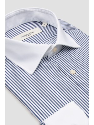 Abbate Gabrio Twill %100 Pamuk Slim Fit Lacivert Klasik Yaka Erkek Çizgili Gömlek