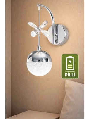 Mylüx Aydınlatma Pilli LED Duvar Apliği | Kablosuz Krom Metal Kasa | 3000K Tek Renk Sıcak Işık | Modern LED Aplik