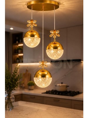 Odea Tr 3'lü Gold Kristal Sarkıt Avize, LED Modern Salon Yemek Masası Mutfak Dekoratif Avize, 20 x 25 cm
